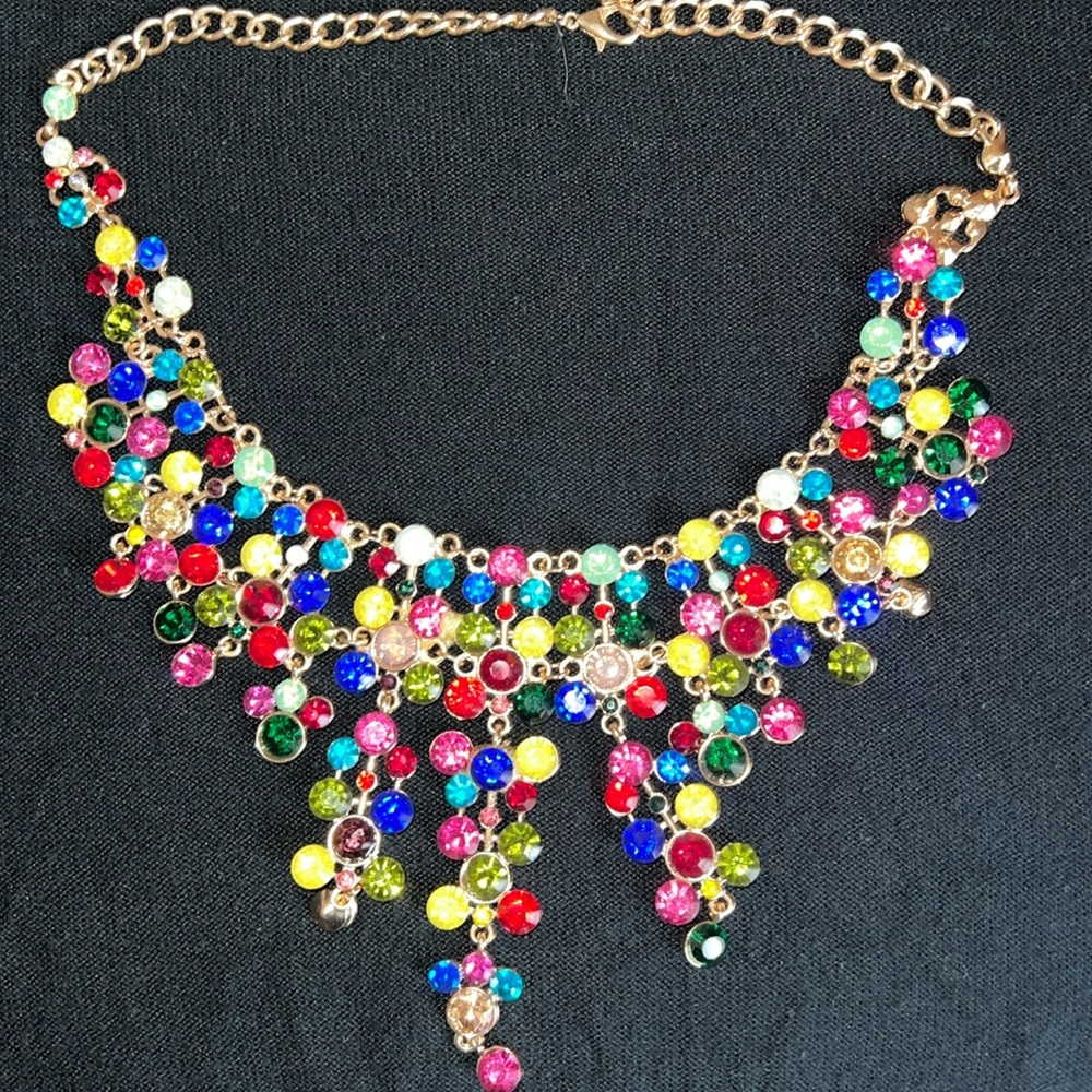 Multicolored Stone Gold Statement Neckless Beauti… - image 1